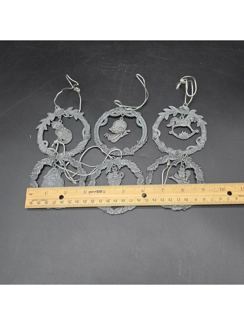 Vintage Christmas Pewter Ornaments Set of 6 Wreath Angel Rocking Horse Cat Box